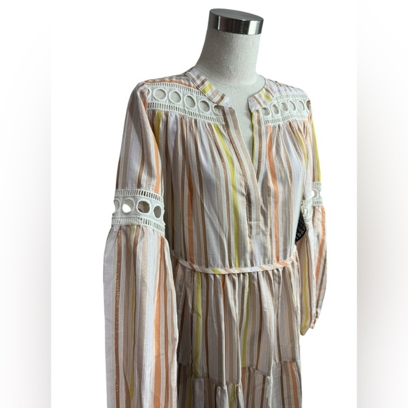 Lemlem Retta-Lace Trimmed Metallic Striped Tencel Blend Peasant Dress NWT XS - Picture 7 of 9